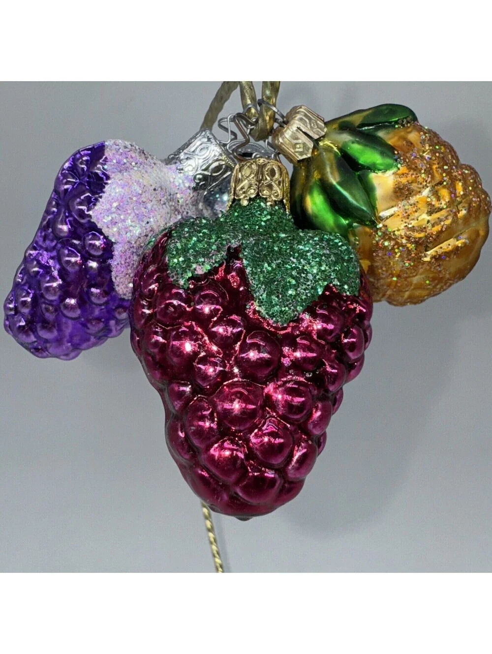 5 Vintage West Germany Glass Ornaments Grapes Strawberry Pineapple 2.25